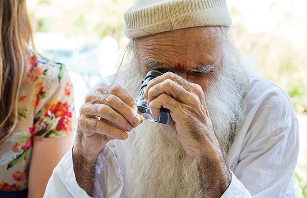 Swami appraising cannabis bud during tasting