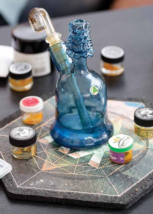 Dab rigs resembling trees evoke nature with glass art.