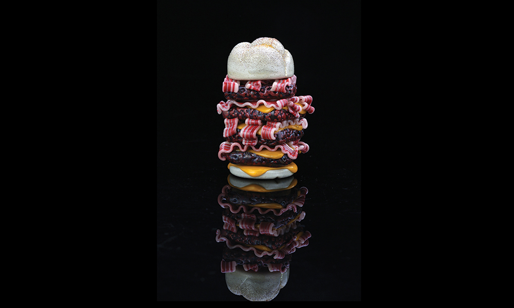 Giant glass bacon cheeseburger