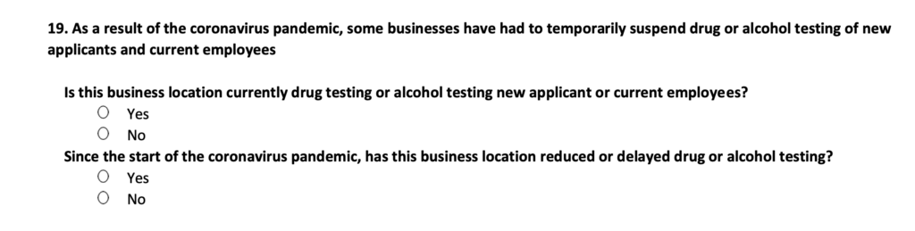 BLS survey questions about employer drug screening taken from 2021 employer survey