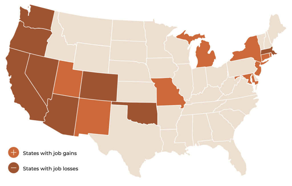 States with marijuana jobs growth and losses, 2023–2024